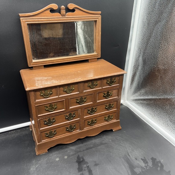 Vintage Table Top Wooden Jewellery Box With 7 Drawers & Bevelled Top Mirror